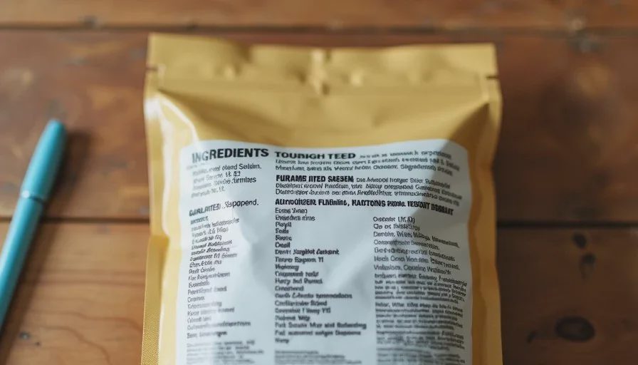 Close-up of a pet food label highlighting ingredient list and grain-free claim on a wooden surface.