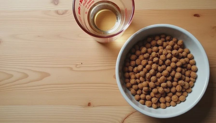 Accurate portion measurement for indoor cat weight loss Measured portion of cat food in a simple bowl beside a measuring cup on a wooden table.