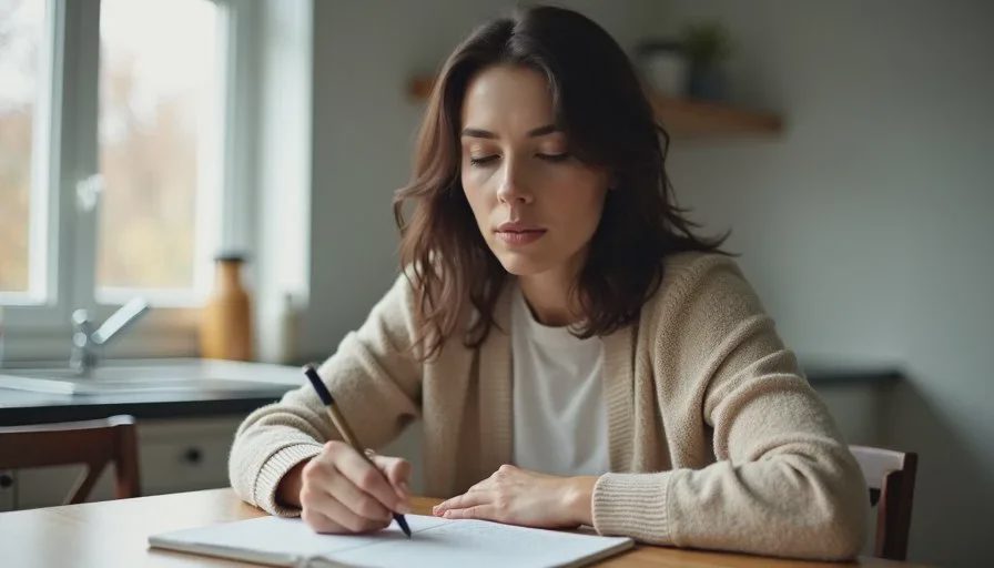 Claire outlining a practical weight-loss routine for an indoor cat Claire Whitaker writes a simple indoor cat weight-loss plan in a notebook at the kitchen table.