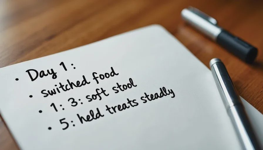 Simple timeline notes for tracking feeding changes Handwritten timeline notes of pet food changes and stool observations on a wooden table.