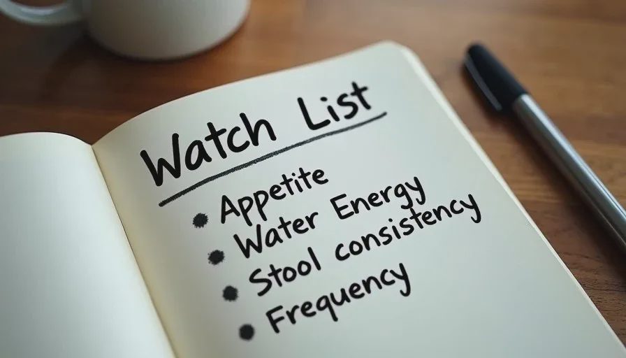 Close-up of a simple handwritten note listing dog appetite, energy, and stool observations on a wooden table.