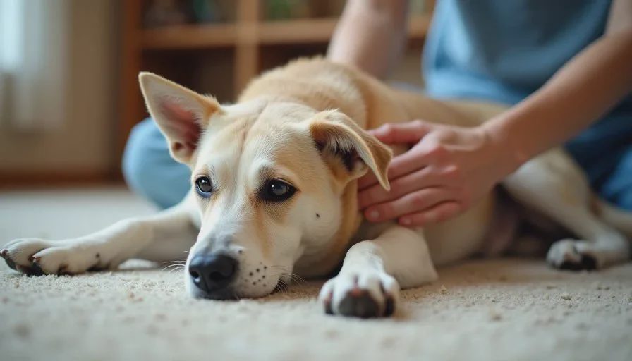 A simple weekly body-condition check at home Gentle hands performing a quick body-condition check on a relaxed dog’s side in soft natural light on a living-room floor.