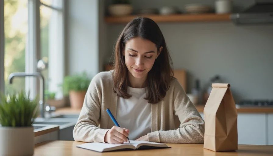 Claire Whitaker compares notes and a pet food bag at the kitchen table while considering grain-free options.