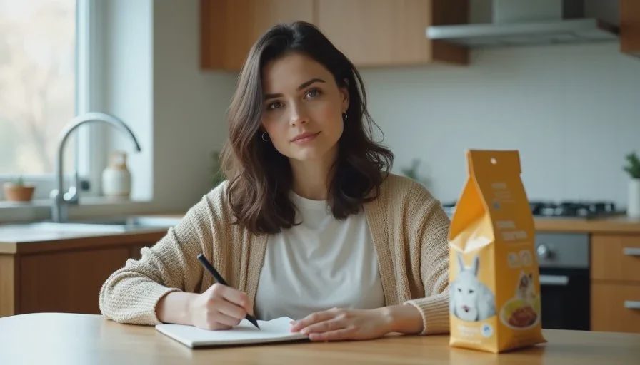 Claire walking through a calmer approach to feeding changes Claire Whitaker reviews a pet food bag and makes notes at the kitchen table in soft natural light.