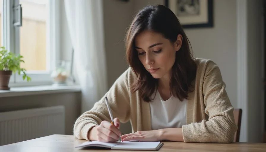 Claire Whitaker writes transition notes while measuring dog food portions at the kitchen table.