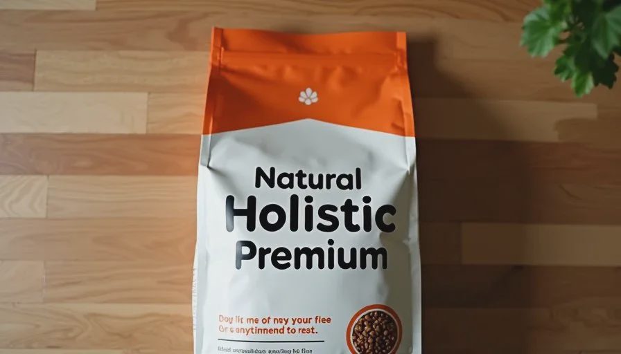 Close-up of pet food packaging highlighting common marketing words like natural and premium on a wooden surface.