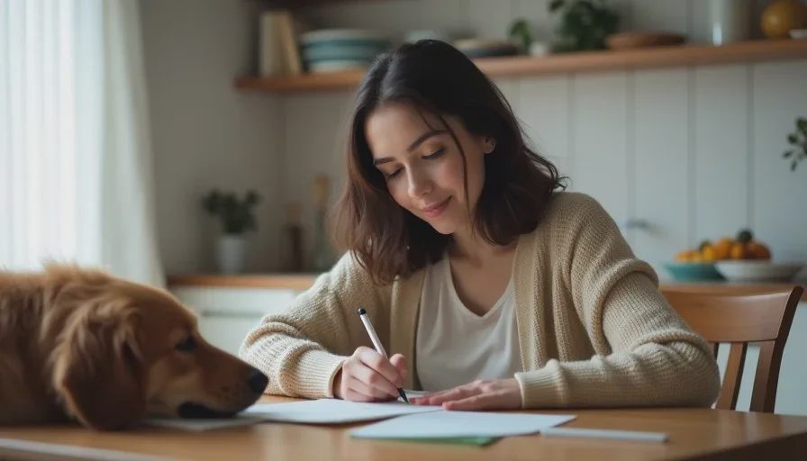 Claire Whitaker writes observation notes at a kitchen table while her dog rests nearby in soft natural light.