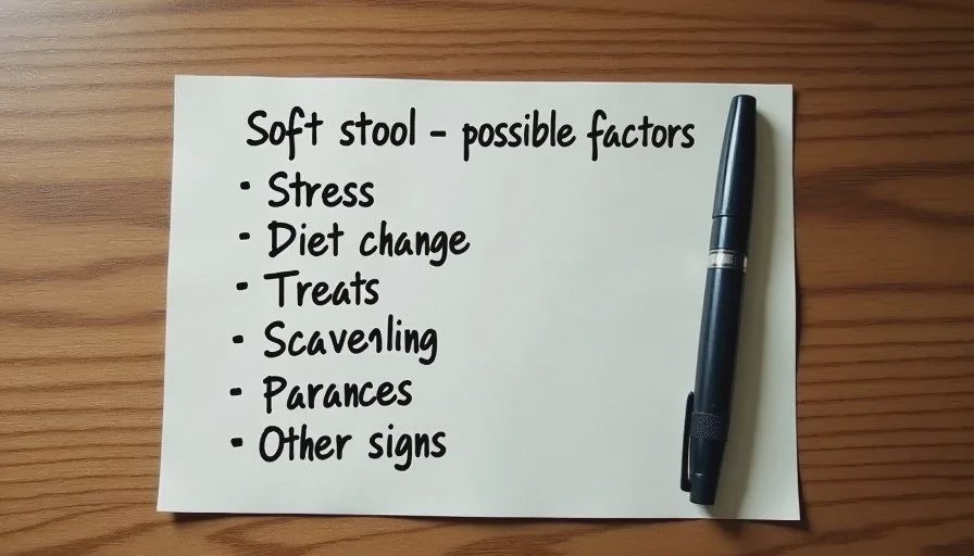 Simple notes for sorting soft-stool causes Handwritten observation notes listing possible soft-stool triggers—stress, food, treats, parasites—on a wooden table with a pen beside them.
