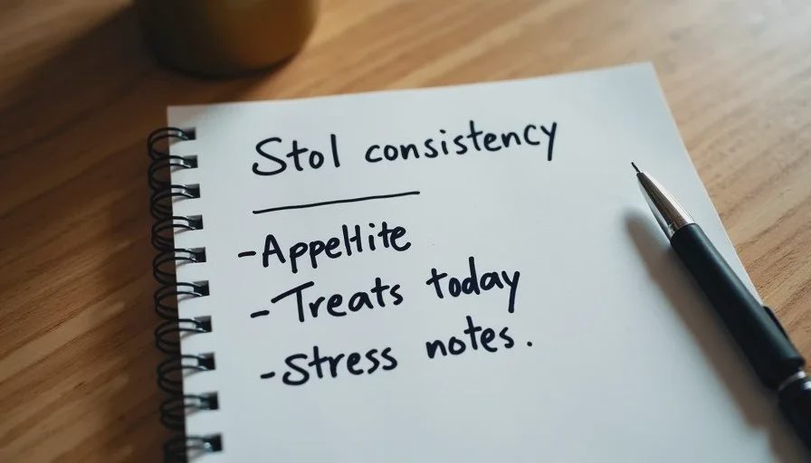 Handwritten notes tracking dog stool, appetite, and treats on a wooden table.