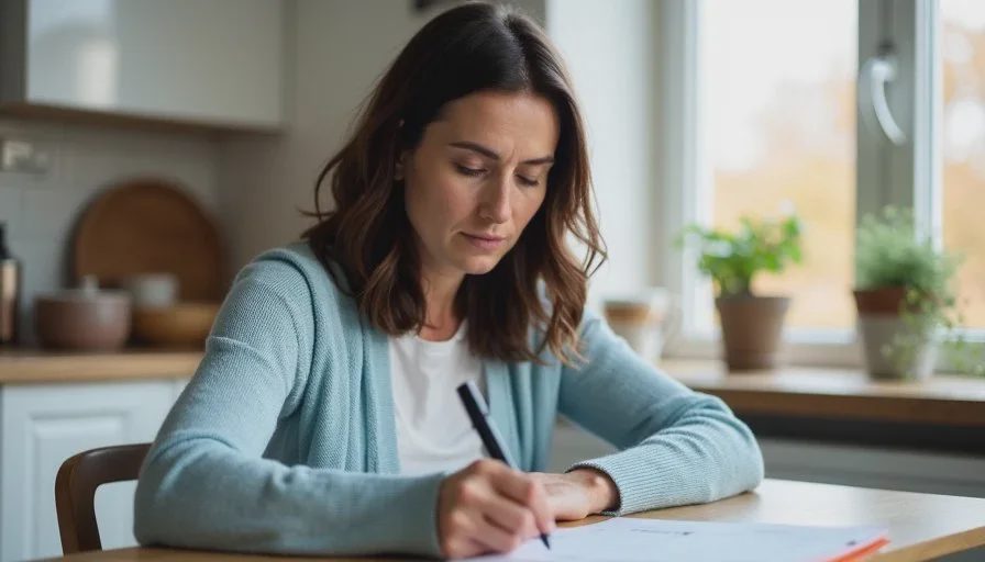 Claire keeping a realistic weekly wellness rhythm Claire Whitaker ticks off a simple weekly pet-care note at the kitchen table in soft late-morning light, expression steady and practical.