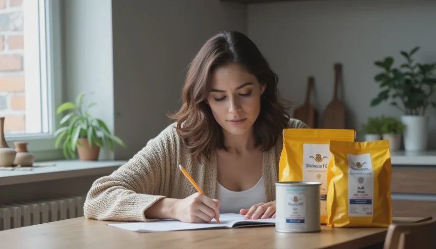 Claire Whitaker writes notes about cat feeding choices at a kitchen table with wet and dry food options nearby.