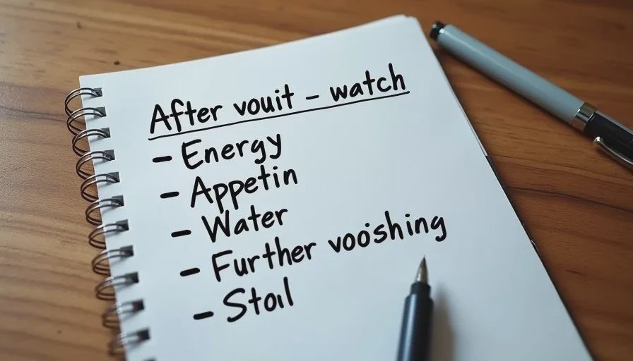 Handwritten watch-list notes for a dog after a single vomiting episode on a wooden table.