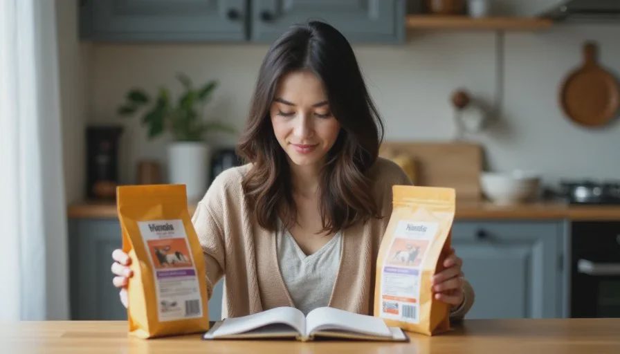 Claire Whitaker compares two pet food bags side by side at a kitchen table, notebook open beside them.