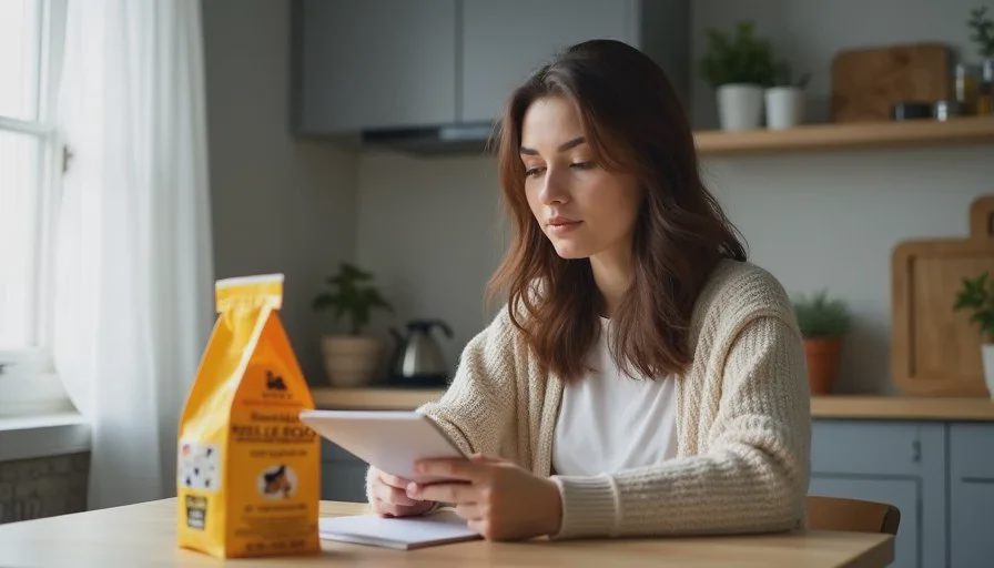 Claire Whitaker reviews a pet food bag and notebook at the kitchen table, considering diet before supplements.