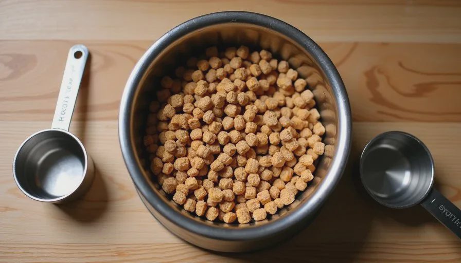 Two measured portions of dog food being mixed in a bowl on a wooden table during a food transition.