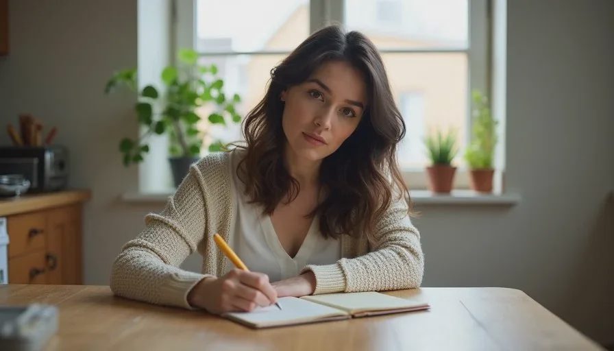 Claire Whitaker sits at the kitchen table writing a short, simple care note, soft morning light, expression calmer and more grounded than before.