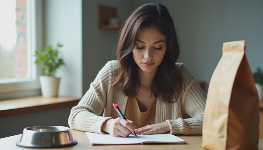 Claire Whitaker writes feeding notes at a wooden kitchen table with a pet food bag and notebook, soft natural window light.