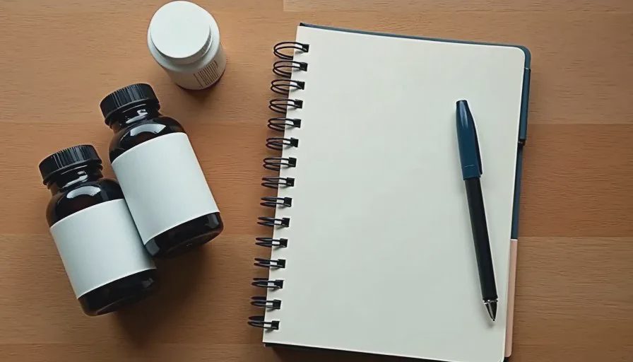 A few simple pet supplement bottles and a notepad on a wooden kitchen table in soft natural light.