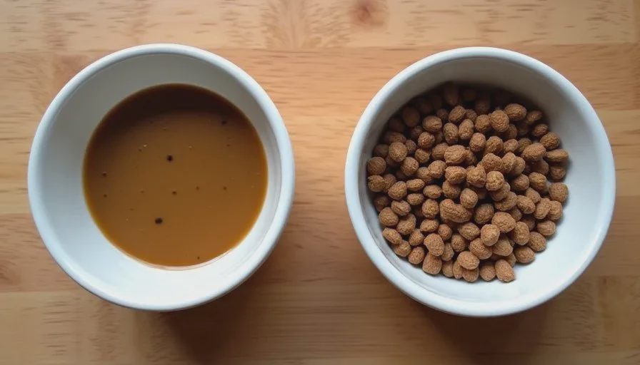 Side-by-side view of wet cat food in a bowl and dry cat food in another bowl on a wooden table.