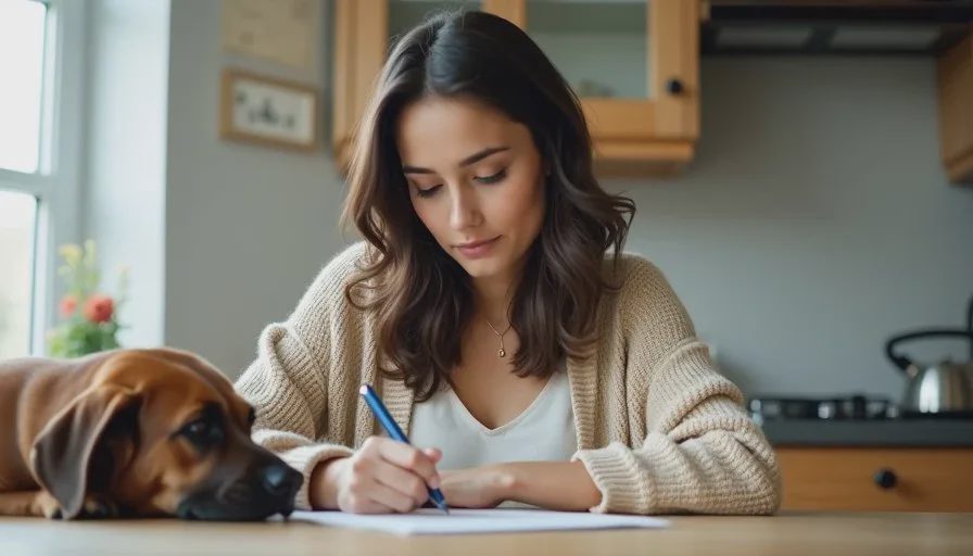 Claire Whitaker writes monitoring notes at a kitchen table while her dog rests nearby in soft light.