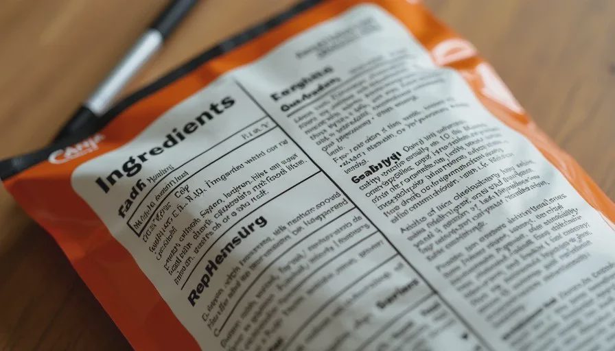 Close-up of a pet food label showing ingredient list and guaranteed analysis on a wooden surface.