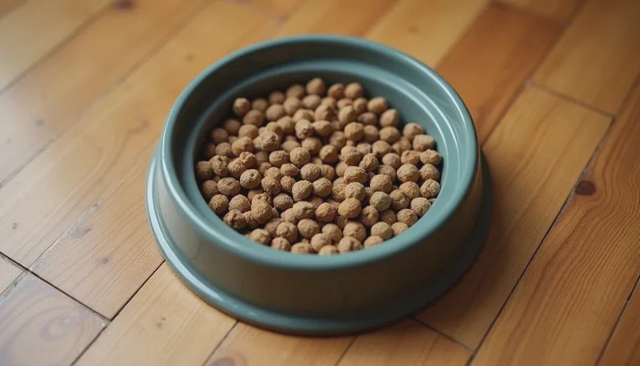 Slow feeder bowl in everyday use A slow-feeder bowl with ridges filled with dry pet food on a wooden floor, designed to slow down eating, soft natural indoor light.