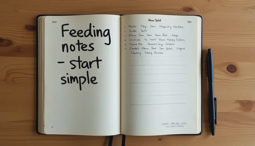 Open notebook with handwritten pet feeding observations and calm care notes resting on a wooden table next to a pen.