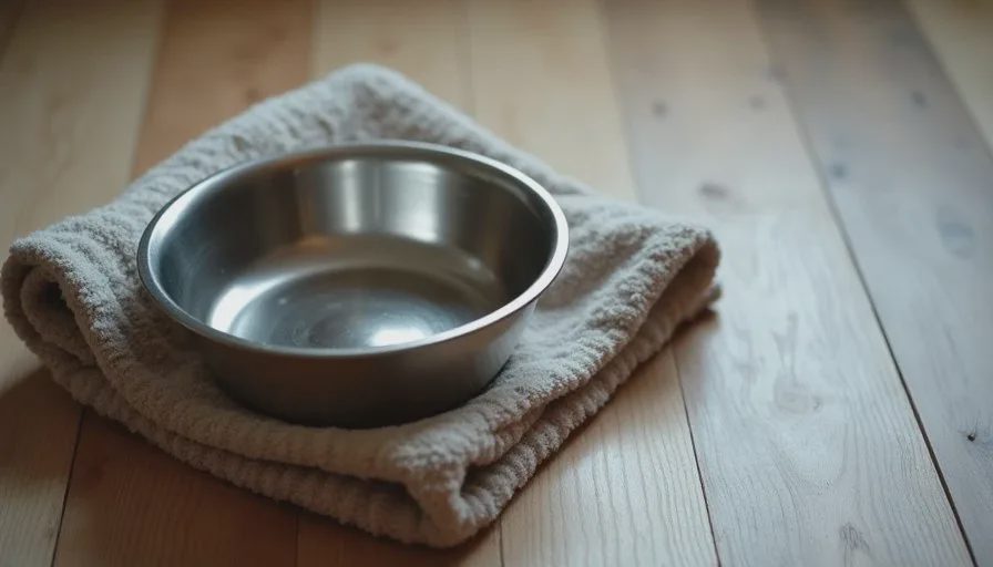 A quiet domestic scene of an empty pet bowl and a folded blanket on a wooden floor in soft, subdued indoor light, suggesting pause and reflection.