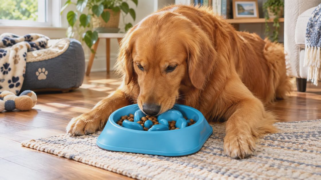Golden retriever eating from a blue MateeyLife slow feeder bowl on a home rug