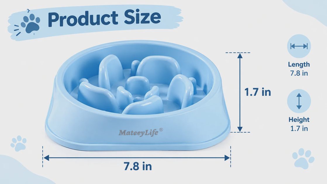 MateeyLife slow feeder bowl dimensions 7.8 inches wide and 1.7 inches tall