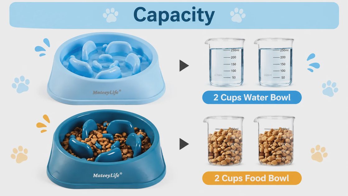MateeyLife slow feeder bowl holds 2 cups of dry kibble or water