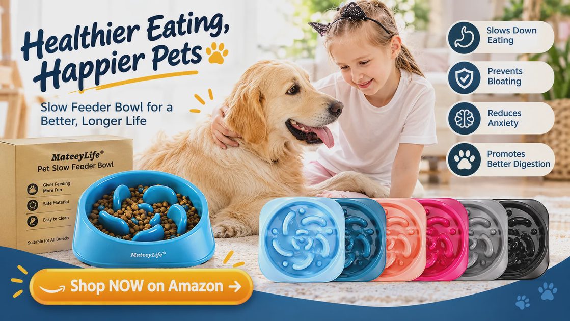Girl and golden retriever with MateeyLife slow feeder bowls in 6 colors