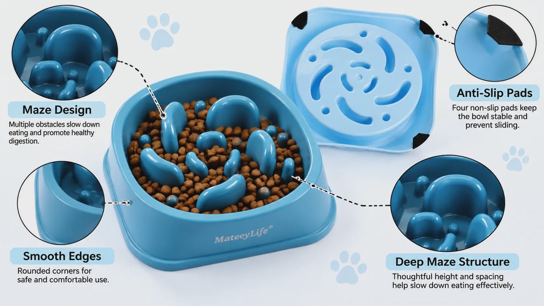 Close-up of MateeyLife slow feeder bowl maze ridges, smooth edges and anti-slip rubber base
