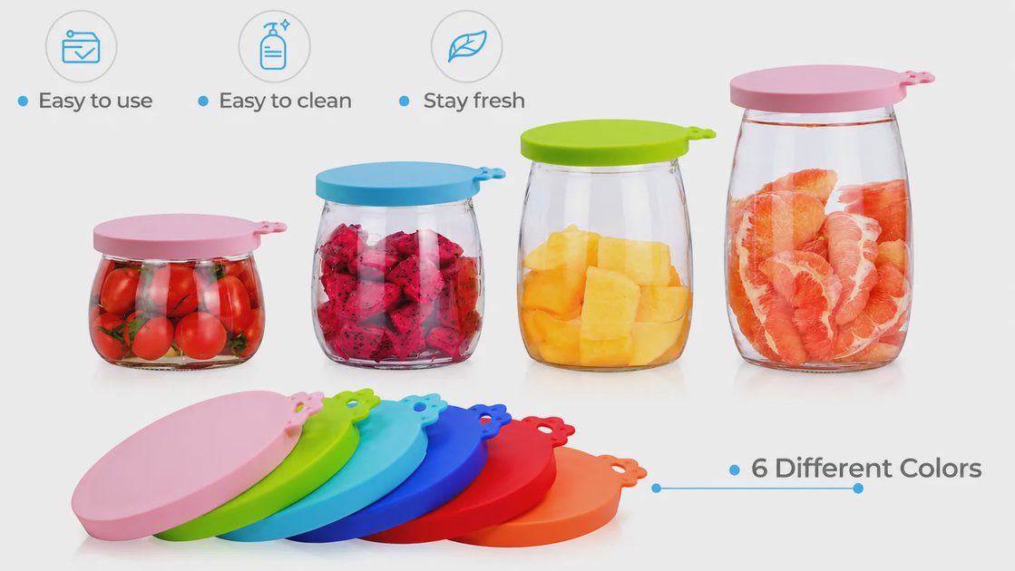 Six color-coded Yobbai silicone can lids shown on glass jars with fresh food