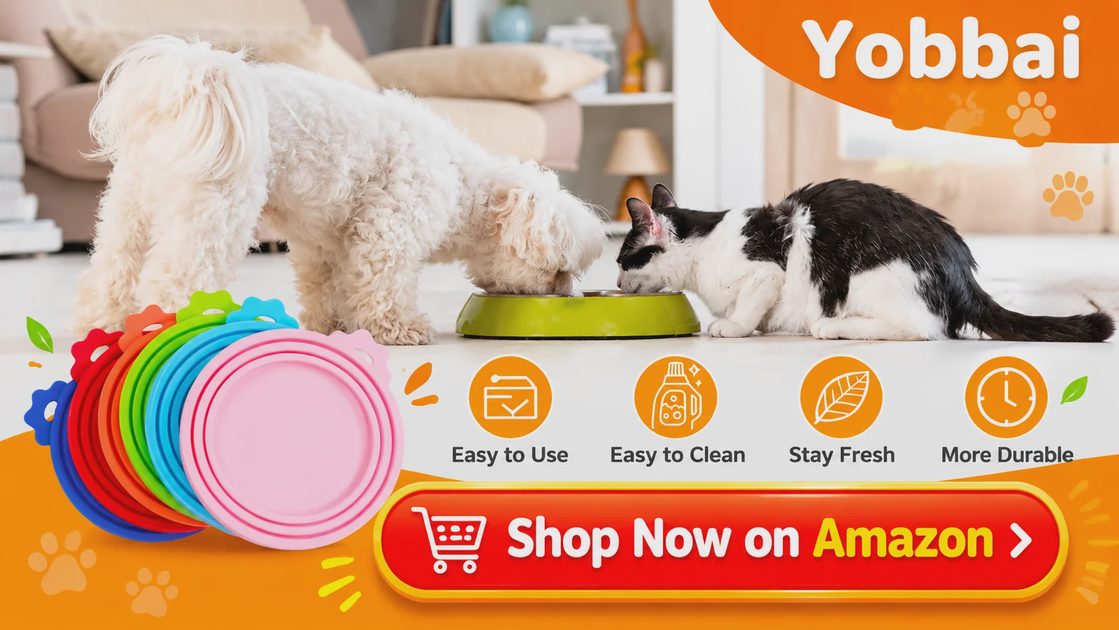 Dog and cat eating together with colorful Yobbai silicone can lids