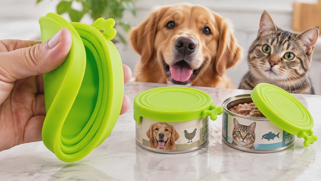 Hand bending flexible bright green Yobbai silicone pet food can lid