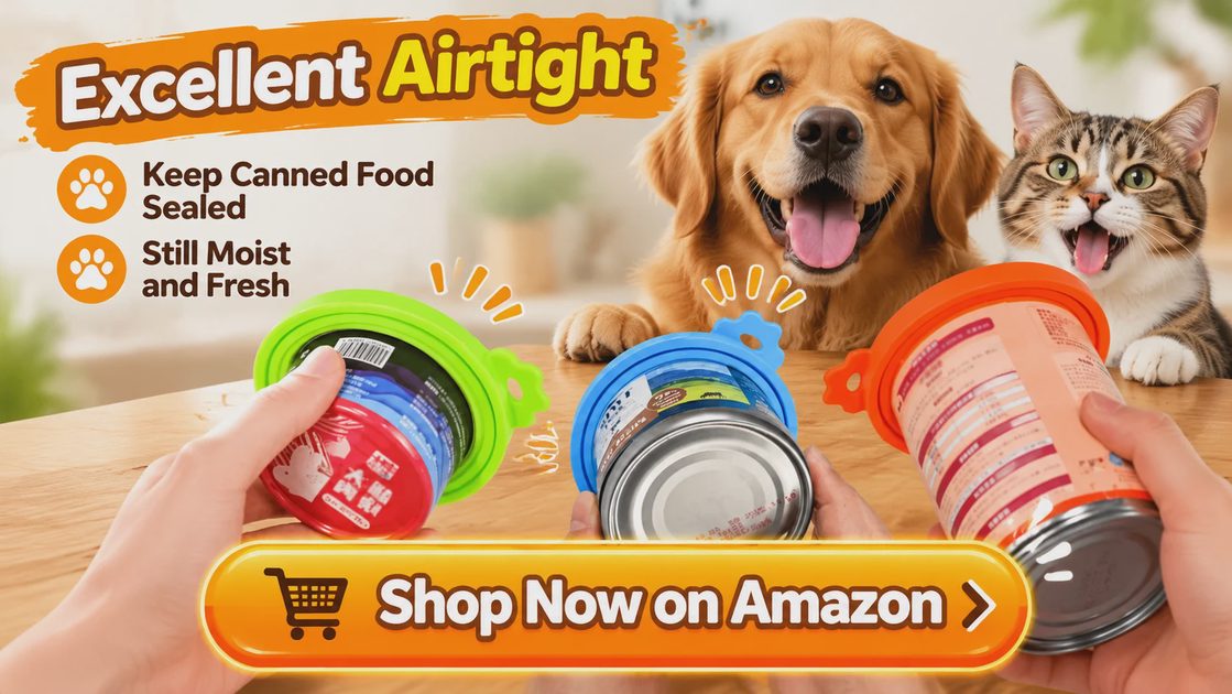 Golden retriever and tabby cat with airtight silicone lids on pet food cans